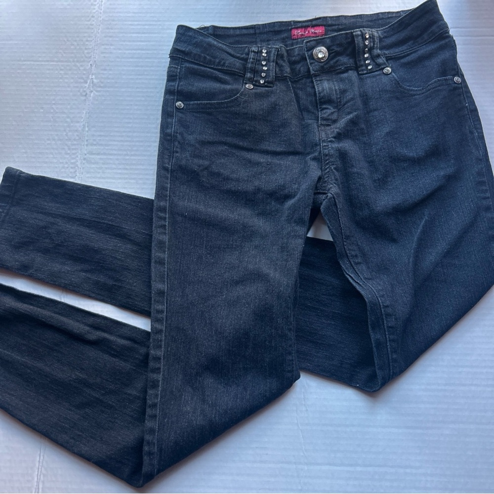 Levanja Pomfis Black Embellishmed Jeans Women Skinny Rhinestone Gems BLING Sz 5‎